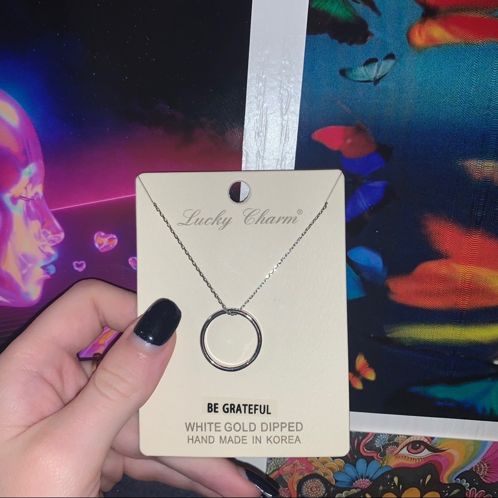 “be grateful” white gold ring necklace
